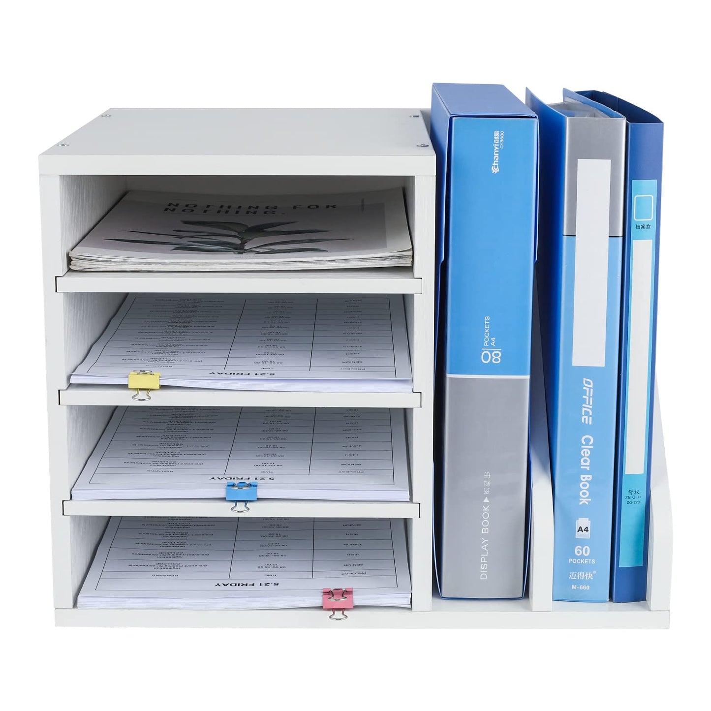 PAG Wood Desktop File Holder Organizer Mail Sorter, White, 15.35" W x 12.16" D x 11.81" H