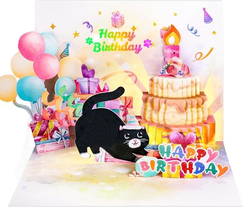 FITMITE Cute Cat Birthday Card - Music, Lights & Blowable Candle | Funny Pop-Up Design for Cat Lovers