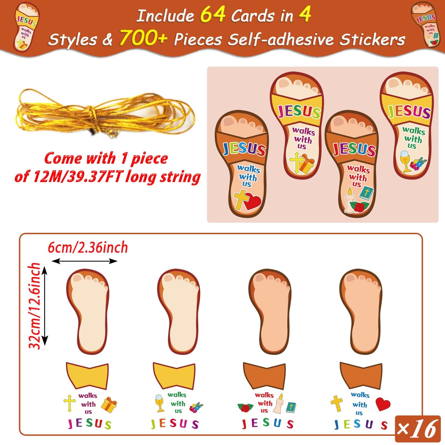 Qyeahkj 32Pcs Sunday School Crafts for Kids VBS Sticker Crafts Bible Christian Craft Jesus Walks with Us Sunday School Favors DIY Sticker Kits for Religious Classroom Home Activities Supplies