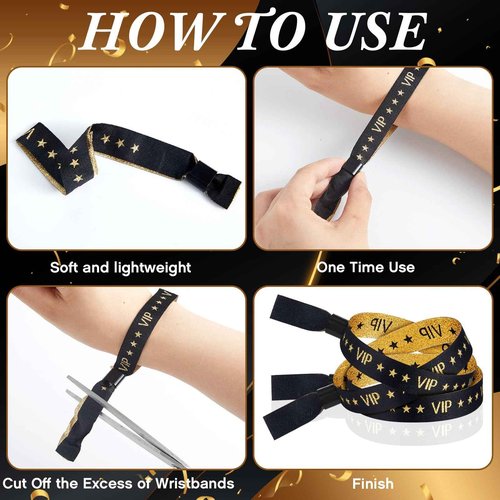 Tigeen 500 Pieces VIP Cloth Wristbands for Events Bracelets Black and Gold VIP Wristbands Bulk for Wedding Party Concerts Festivals Supplies, 0.59 x 13.78 Inches