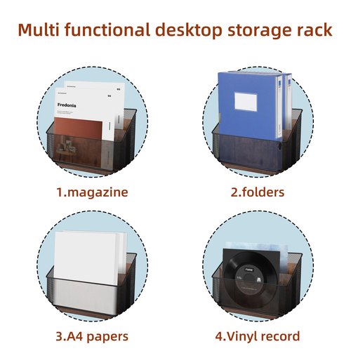 ASIFMTHOT 3-Tier Vertical File Storage with Retro Wooden Desk Mail Organizer and Metal Mesh Desktop Organizer for Home Office