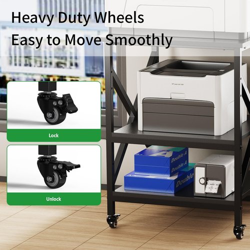 Ollieroo 3 Tier Printer Stand, Large Table with Wheels, Rolling Cart with Height Adjustable Middle Storage Shelf, 23.6 x 23.6 x 30.3 Inches Shelf for Home Office, Black