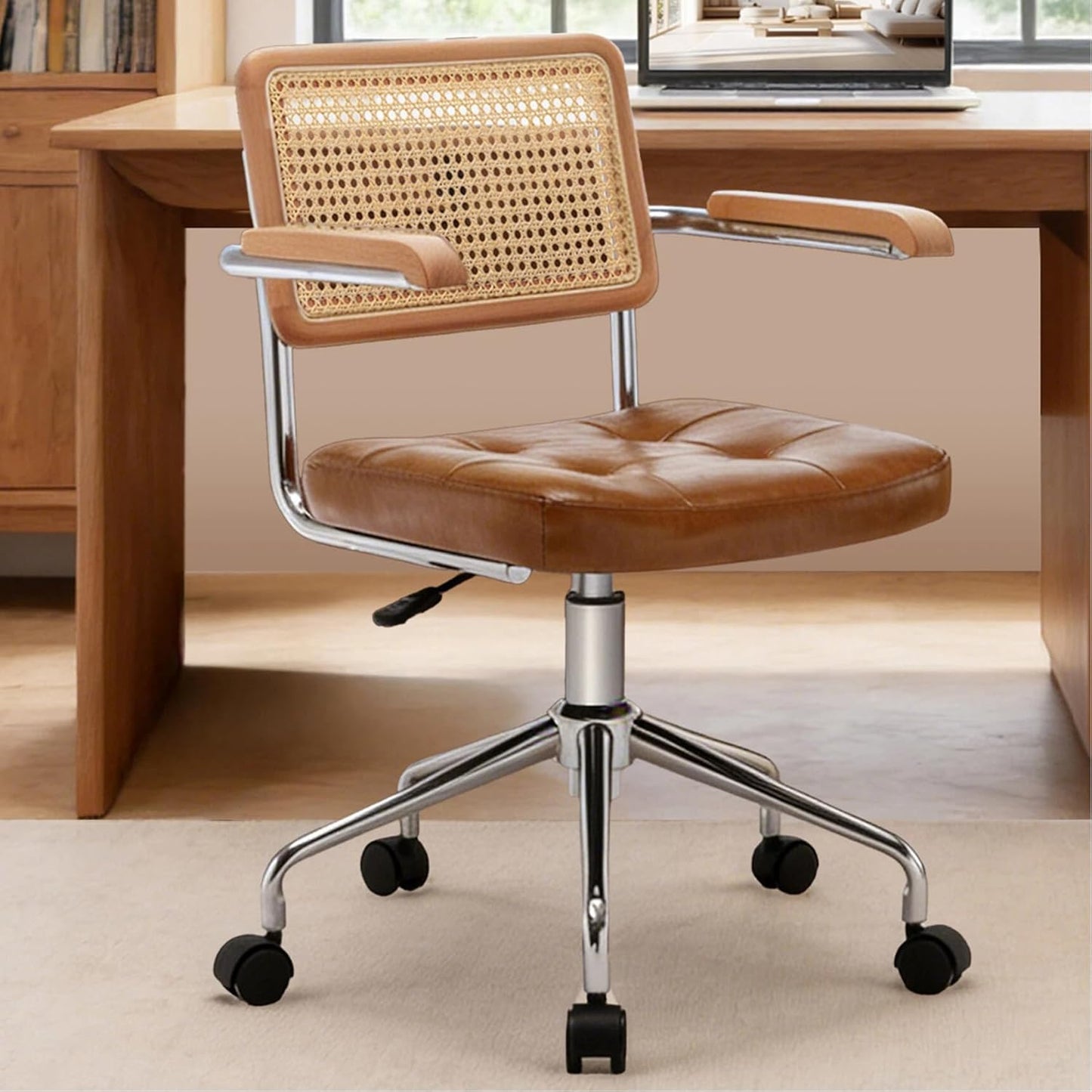 Zesthouse Leather Office Desk Chair - Mid Century Rolling Design with Wood Arms & Rattan Back | Brown