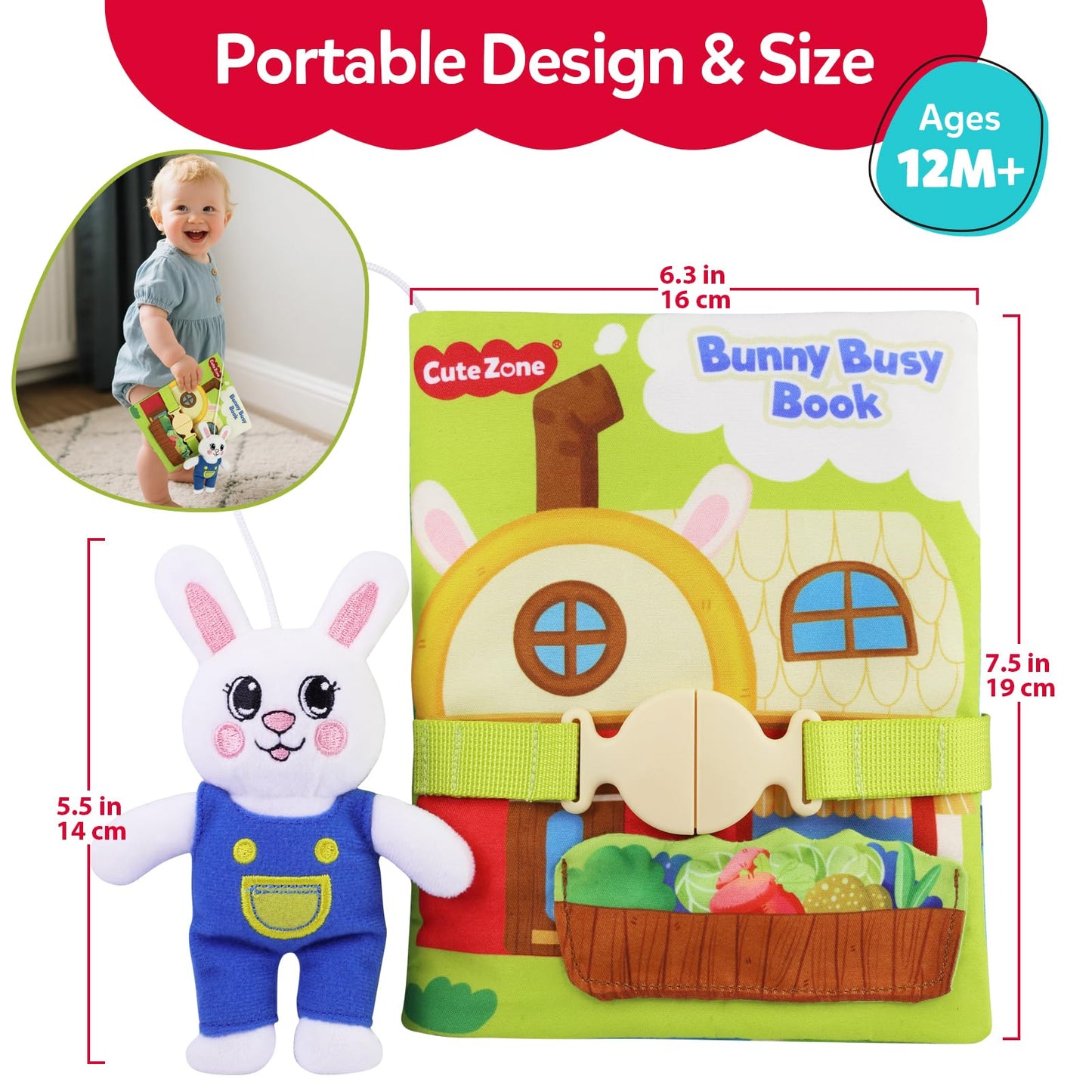 CuteZone Busy Book for Toddlers 1-3, Toddler Travel Toy and Montessori Quiet Book with Attached Bunny, 12 Fine Motor Activities Gifts for 1 Year Old Boys Girls Birthday Gift