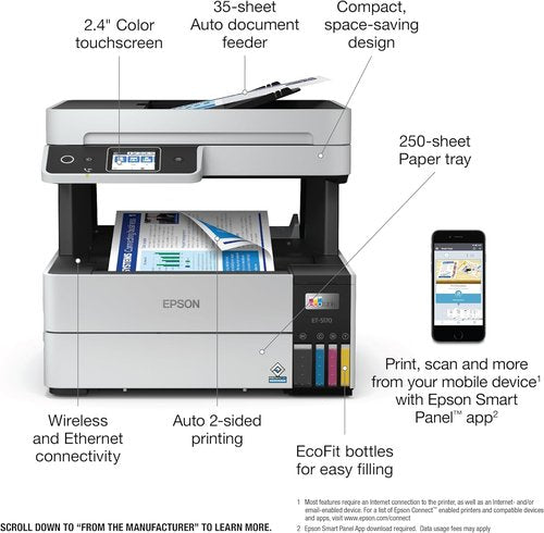 Epson EcoTank Pro ET-5170 Wireless Color All-in-One Printer - Scanner, Copier, Fax & Auto Document Feeder | Large White