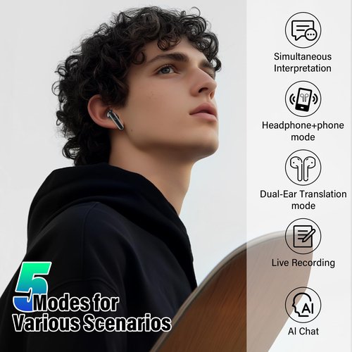 AI Translation Earbuds Real Time, 144 Language Translator Earbuds 3-in-1 Translation Headphones for iPhone and Android with 6 Translation Modes, Translating Device for Travel/Business/Learning, Black