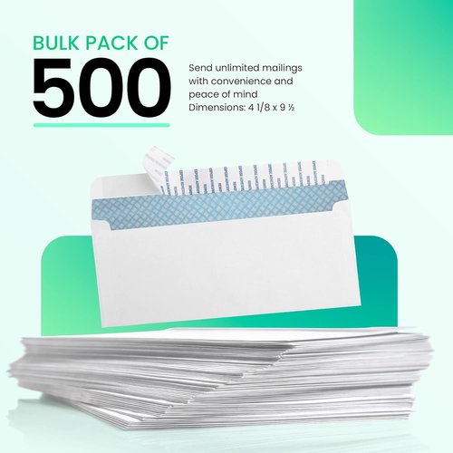 PBC Security Business Envelopes - Letter Size 4-1/8" x 9-1/2" | Peel & Seal, 500 Count, White