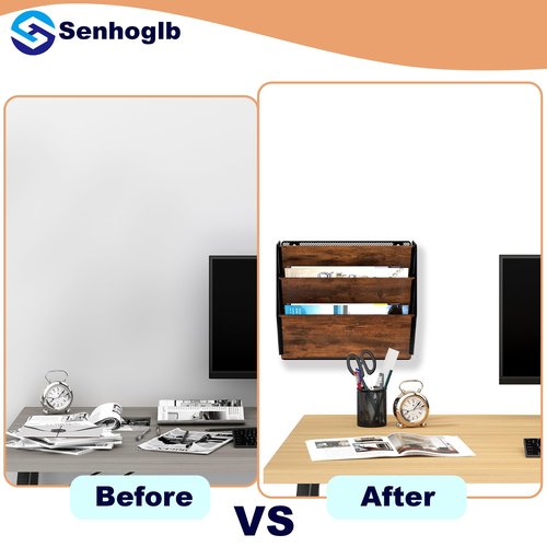 Senhoglb Metal Wall File Holder Organizer, 3-Tier Mesh Hanging Wall File Organizer, Magazine Rack with Pockets, Wood Document Holder for Office Home, Brown
