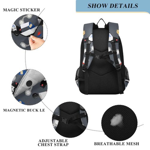 Glaphy Police Car Pattern Backpack School Bag Lightweight Laptop Backpack Student Travel Daypack with Reflective Stripes