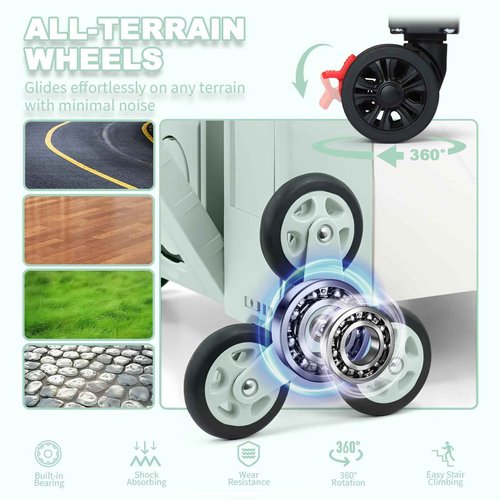 76L Folding Utility Cart Portable Rolling Crate Handcart Shopping Collapsible Tool Box with Stair Climbing Wheels,Hidden Lid,2 Rotate Wheels,for Grocery,Shopping,Office,Storage(Green White)
