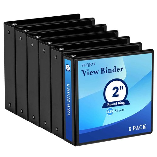 2 Inch 3-Ring Binder, 2" Round Ring Binder with 2 Inside Pockets, 6 Pack Black Binders, Clear View Cover, Holds Up to 450 Sheets 8.5" x 11" Paper，Study Binders for Office/Home/Back to School