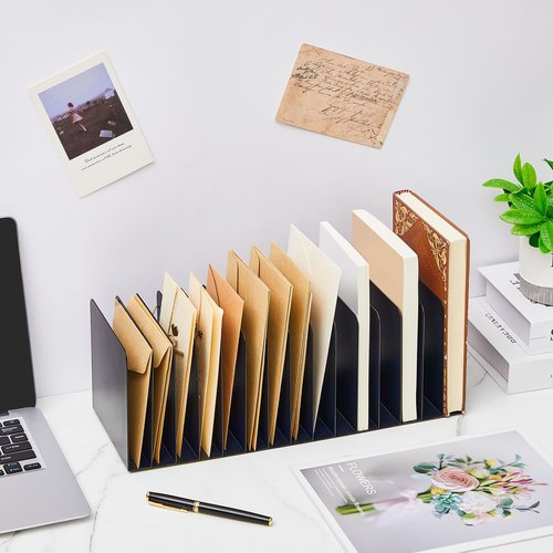 Suzile Metal Desktop File Organizer, 15 Compartments, Vertical File Sorter, Black, 5.79" W x 15.75" L x 5.41" H, Office, Reception Areas, Workspace