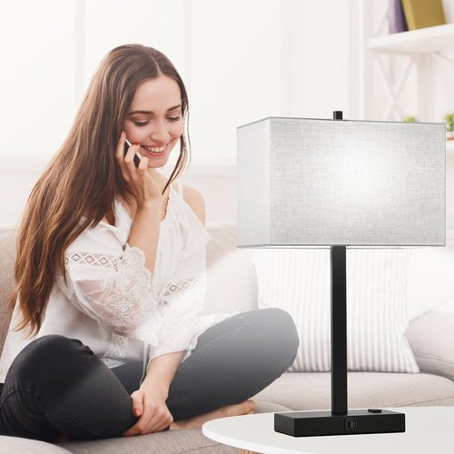 21" Touch Bedside lamps with 2 USB & AC Outlets, 3-Way Dimmable Bedside Table Lamps Set of 2 for Bedroom Living Room Office Reading, Gray Shade Lamps for Night Stands, 5000K LED Bulbs Included