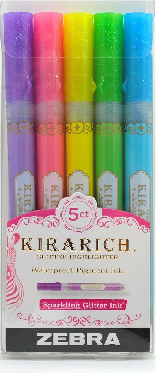 Zebra Pen KIRARICH Glitter Highlighter - 5 Assorted Colors | Water-Based Pigment Ink for Notes & Journals