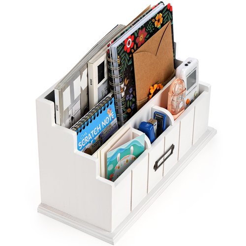 Pumtus 3-Tier Wooden Mail Organizer, Countertop Desk Organizer, White Wood Bill Organizer, Rustic File Paper Holder, Workspace Desktop Mail Sorter for Pen, Notebooks, Office Supplies