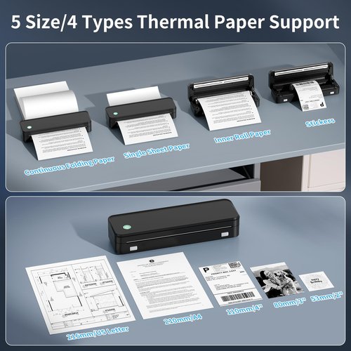 leginico Portable Printer with 6 Rolls Multi-Size Paper, Bluetooth Inkless Thermal Printer Compatible with iOS, Android, Laptop, Used for Travel, Office, Home(Black)