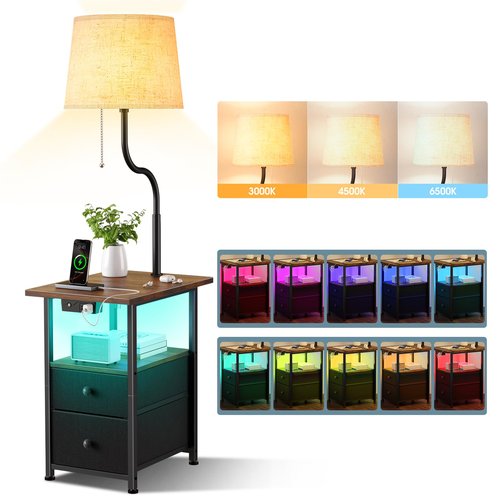 addlon Floor Lamp Side Table with Night Light,Night Stand with Charging Station and LED Bulb, 3-Color Adjustable Lighting Beside Table with 2 Deep Drawers, End Tables Living Room,Bedroom-Rustic Brown