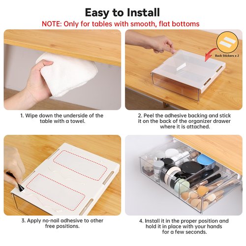 OTraki 3 Packs Under Desk Storage Drawer, Large & Medium & Small, Stick on Drawers Slide Out, Self-Adhesive Desk Amount Drawer Attach for Office, Home, School, Hidden Desktop Organizer, Clear