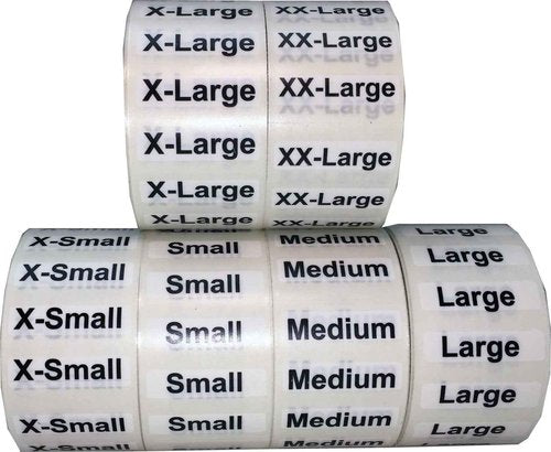 XS-XXL Clothing Labels – Clear Size Strip Stickers with Black Text, 1.25 x 5 Inch Labels, 750 Total Stickers (125 Each Size) for Retail Apparel, Clothing Organization, and Inventory – Made in The USA
