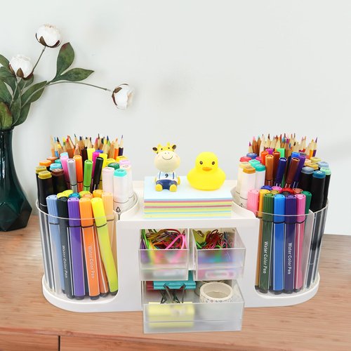 Flytreal Pencil Holder for Desk, Rotating Pen Desk Organizers and Accessories with 3 Small Drawers, Spinning Art Supplies Stationary Storage Caddy for Home Office Teacher School Kids(White)