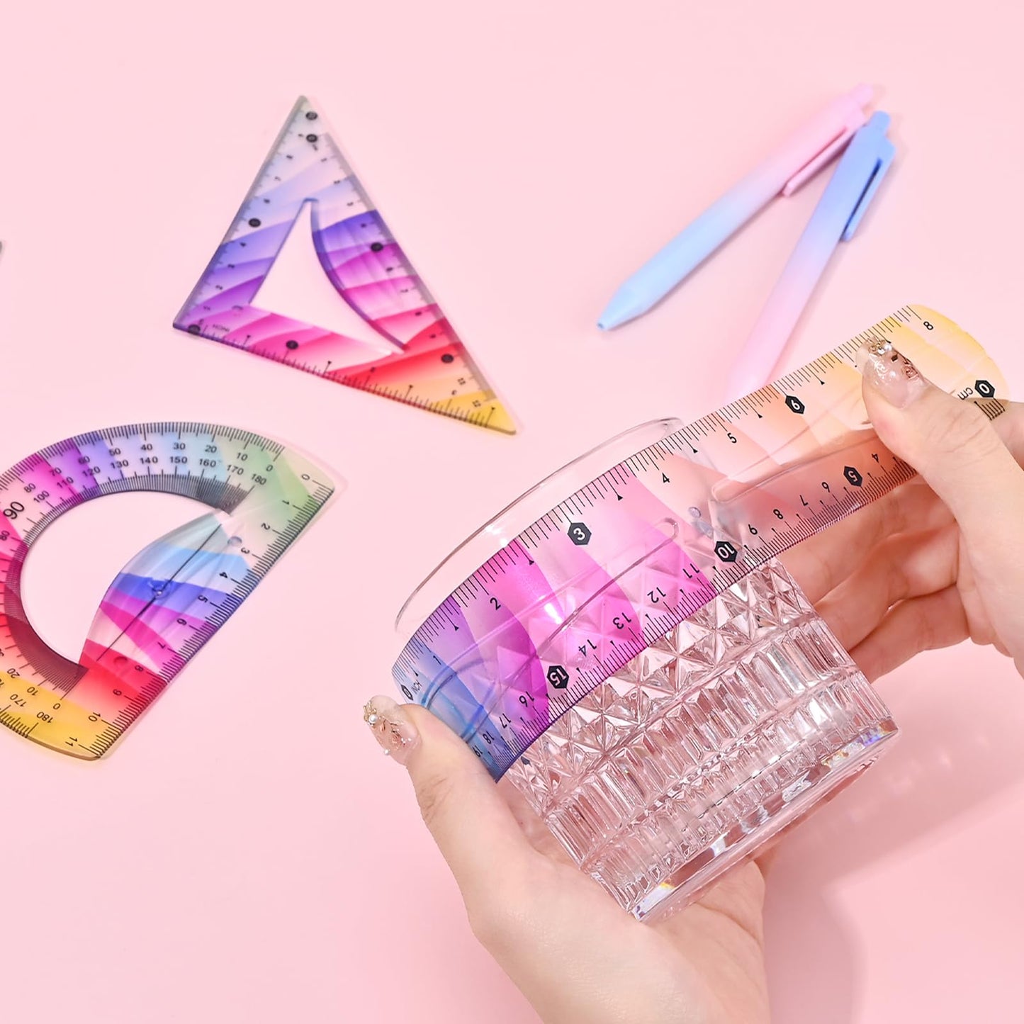 Valtiner 4 Pcs Flexible Rulers Set, Colorful Geometry Kit, Plastic Bendable Shatterproof Soft Rulers, Clear Ruler 20 cm/ 8 Inch, Triangle Rulers and Protractor for Back to School Supplies (8 Inch)