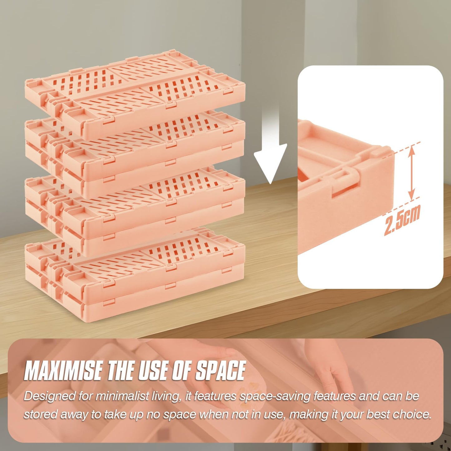 HOYA PONYOO 4 Pcs Collapsible Storage Crates, 10x5.9x4 inches Space-Saving Folding Containers, Stackable Plastic Boxes for Home Kitchen Office Bedroom Bathroom, Light Orange