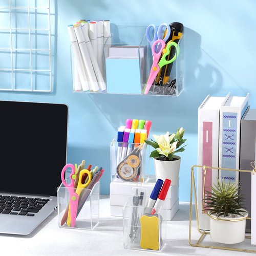 Threehoney 4 Pack Wall Marker Holder, Dry Erase Marker Holder with 3 Compartments Acrylic Clear Organizer for Remotes, Pens, Makeup, Markers for Whiteboard Fridge Locker 2 Sizes