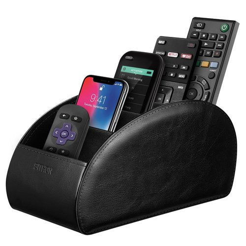 SITHON Remote Control Holder with 5 Compartments – [Upgrade Version] PU Leather Remote Caddy Desktop Organizer Store TV, DVD, Blu-Ray, Media Player, Smart Phones, Heater Controllers (Black)