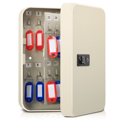 Dalmbox Key Cabinet with Combination Lock, Wall Mount, Steel Security Locking Box, 48 Key Hooks with Colored Tags, 9.84 x 7.09 x 3 in, White