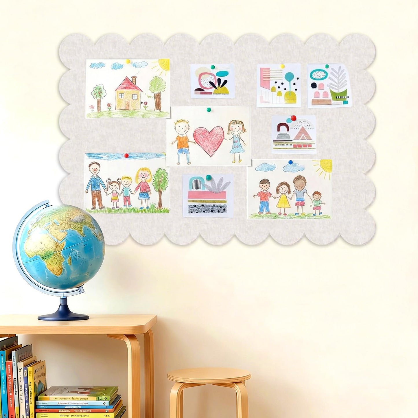 Foldable Decorative Scalloped Felt Bulletin Board 24 * 16 Inches for Wall, Alternative Photo Board Self-Adhesive Vision Board Decorative Pin Board for Wall (Light Camel)