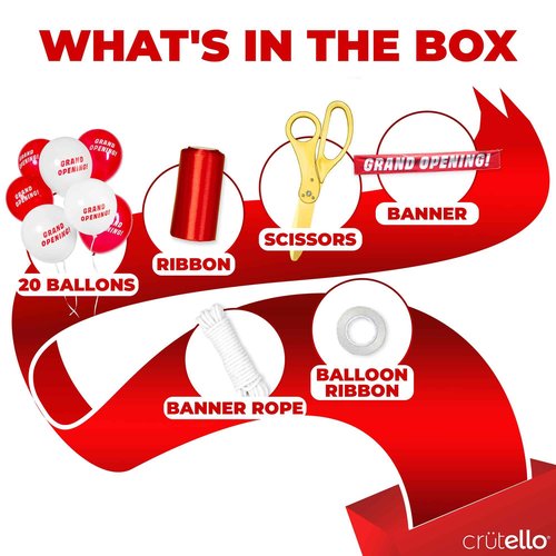 Crutello Ribbon Cutting Ceremony Kit - 21"Giant Gold Scissor with Grand Opening Banner and 30 Foot Large Red Ribbon 4"Wide, 20 Balloons, 90 ft Balloon Ribbons and 20 Feet Banner Rope for Decorations
