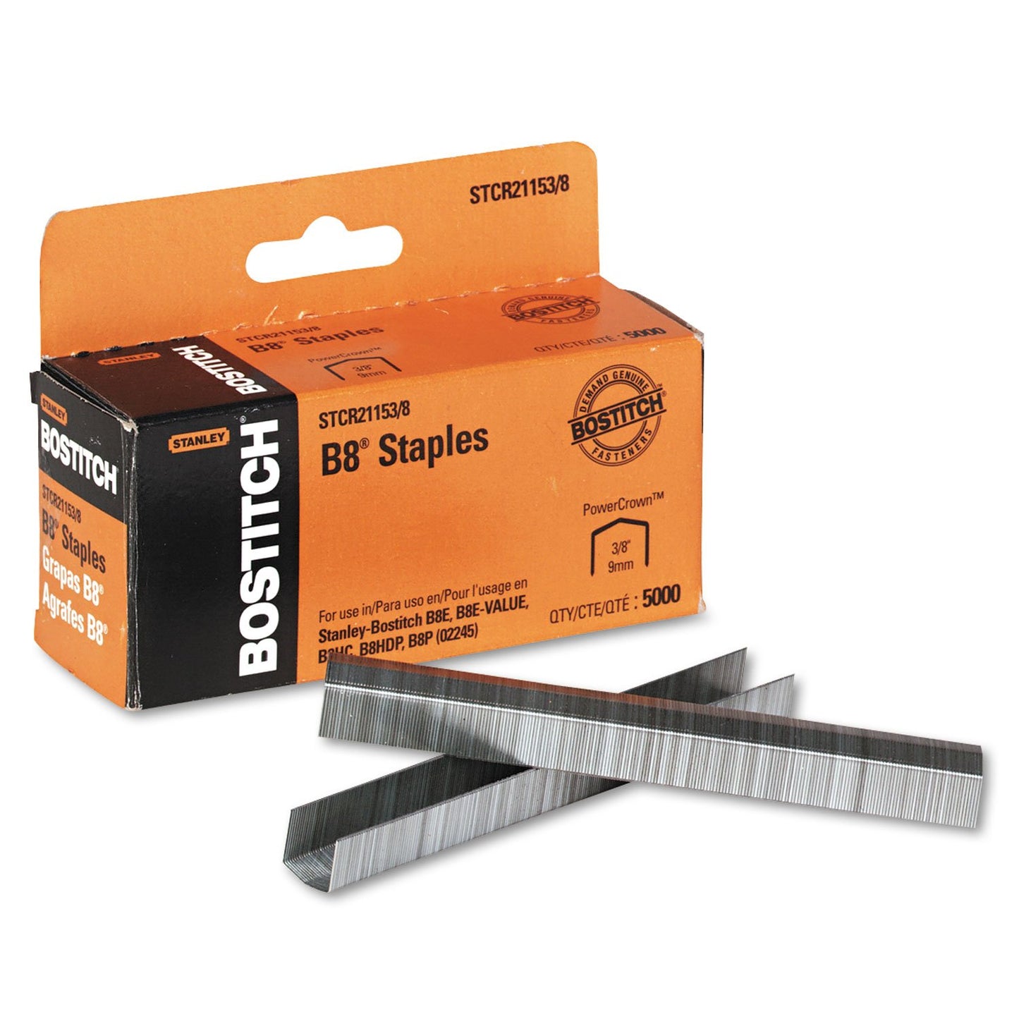 Bostitch Office B8 PowerCrown Staples - 0.375 Inch Leg, 45 Sheet Capacity, 5,000 Count, Silver