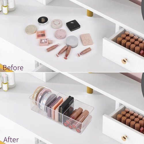 POPPEYGO Stackable Clear Drawer Organizers Small Makeup Vanity Storage Bins Trays and Office Desk Drawer Dividers Triple Compartments 2 Pack