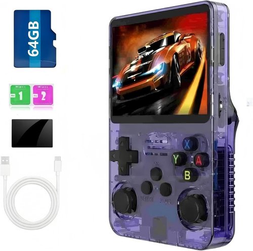 R36s Portable Retro Handheld Game Console - 20,000+ Games, 12+ Emulators, 3.5-Inch IPS Screen | Clear Purple