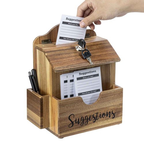 MyGift Premium Solid Acacia Wood Suggestion Box, Wall Mountable Feedback Collector with Black Cursive "Suggestions" Lettering, Comment Card Slot, Pen Holder, Top Lock and Keys