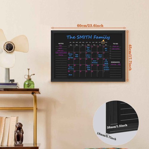 Magnetic Chalkboard Calendar,17.7” × 23.6“ Monthly and Weekly Calendar Chalk Board for Wall, Family Planner,Black(Family-HB-4560)