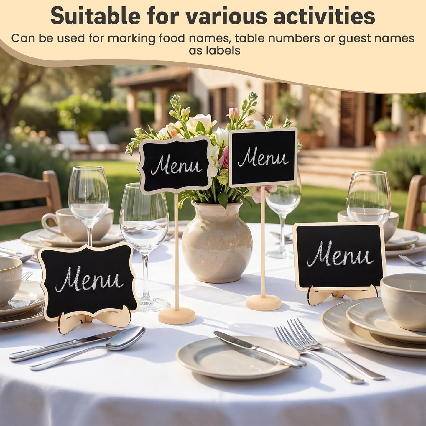 Skiennix Mini Chalkboard Signs - 24 Pack with Stands for Food, Table Numbers & Event Decor