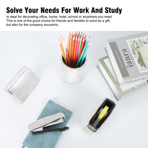 KEYPOWER Bling Crystal Luxury Handmade Diamond Round Pencil Pen Pot Holder & Stapler & Card Holder & Desktop Tape Dispenser Office Stationery Kit for Fashion Girls Women(White)
