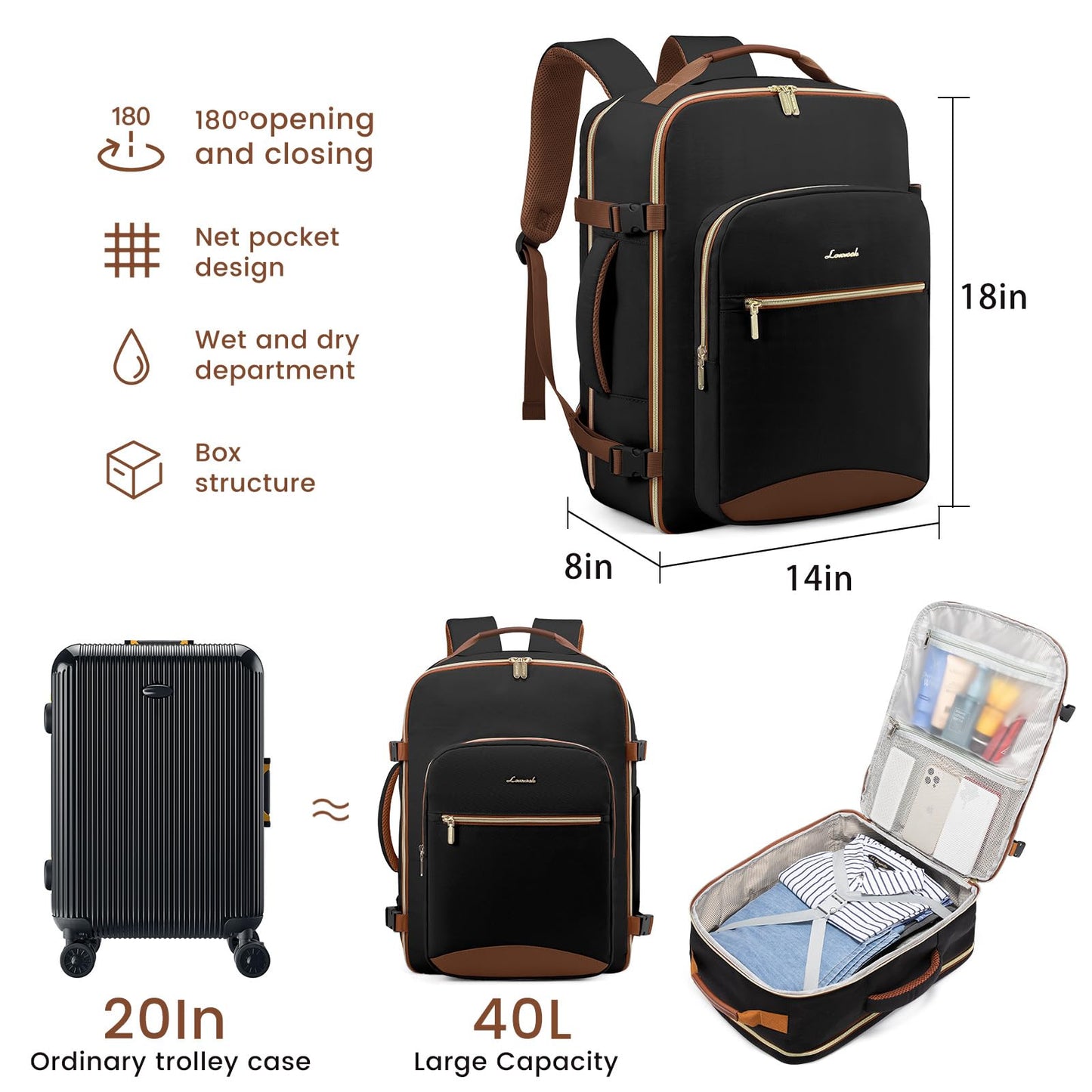LOVEVOOK Travel Backpack for Women, Flight Approved Carry on Backpack for Traveling on Airplane, 40L Personal Item Bag Airline Approved, 17 Inch Causal Weekender Backpack with 3 Packing Cubes, Black