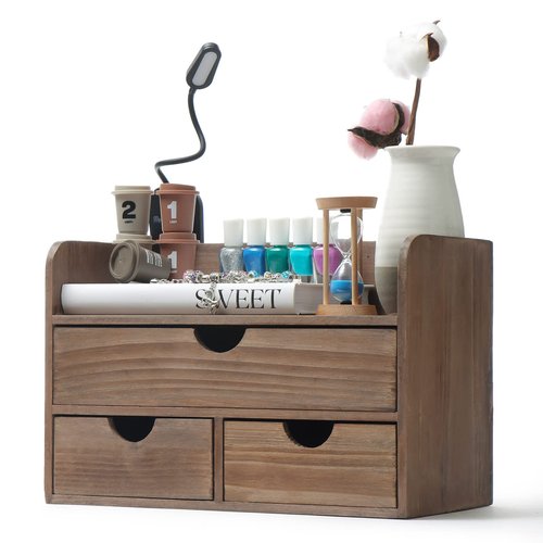 Vintage Rustic Wooden Office Desk Organizer & Mail Rack For Desktop, Tabletop, or Counter - Distressed Torched Wood - For Office Supplies, Desk Accessories, or Mail - Brown