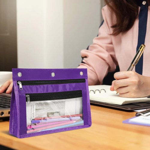 YoeeJob 24 Pack Pencil Pouch for 3 Ring Binder, Expandable Binder Pouches with Zipper, Large Capacity Pen Holder Case with Clear Window School Class Office Organizers, Purple