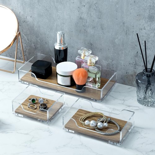 MyGift Premium Clear Acrylic and Acacia Solid Wood Desk Organizer Trays Office Stationery Holders, 3 pc Set