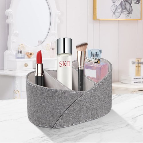 PU Leather Remote Control Holder with 3 Compartments, Modern Design Desk Accessories Workspace Organizer for Office/School/Home, Modern Nightstand Caddy Organizer for Makeup/Vanity/Stationery,Grey
