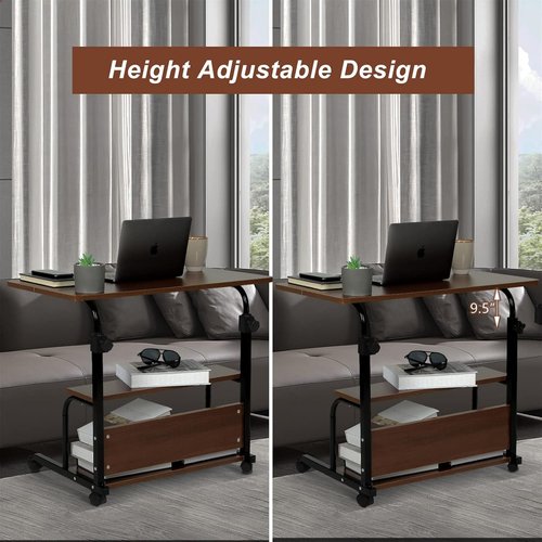 QZMDSM Portable Rolling Desk - Adjustable Height Small Standing Desk with Wheels | 32" Brown Computer Desk with Storage Shelves for Home Office