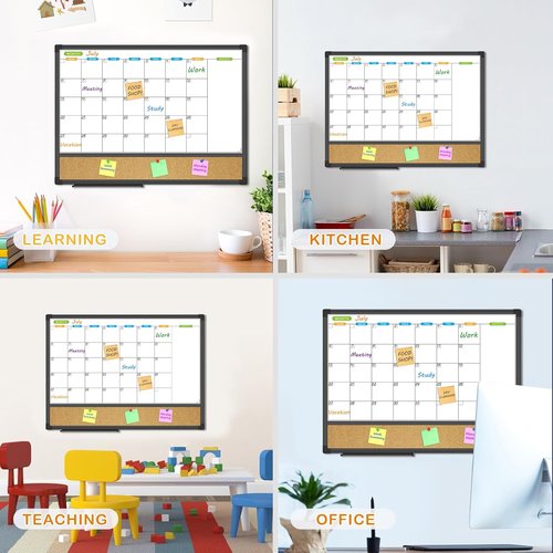 JILoffice Magnetic Calendar Whiteboard & Corkboard Combo - 24x18 Inch Black Aluminum Frame for Home, Office & School