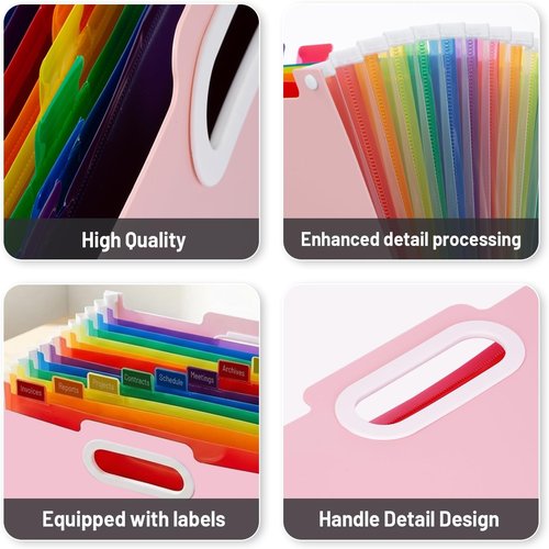 Comix Accordion File Organizer - 13 Pocket Expanding Folder | Portable A4 Document Holder in Pink