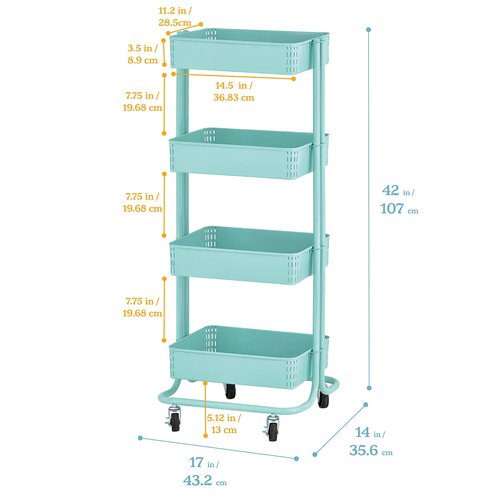 ECR4Kids 4-Tier Metal Rolling Utility Cart, Multipurpose Storage, Teal