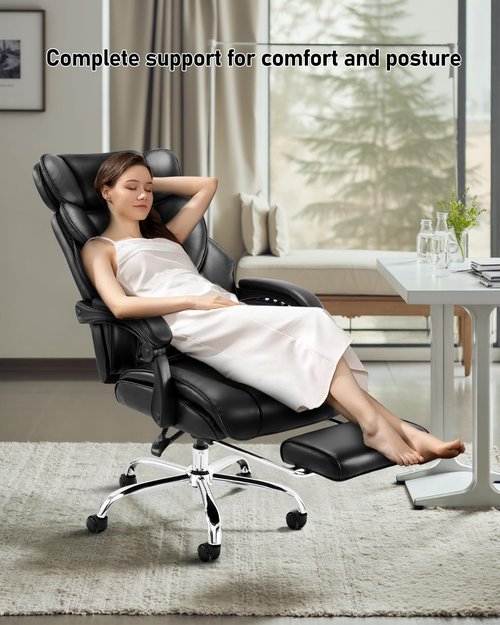 Ergonomic Office Chair with Footrest, High Back Executive Desk Chair with Adjustable Recline, Removable Lumbar Support, Thick Padded Seat, Bonded Leather Computer Chair for Home Office, Black