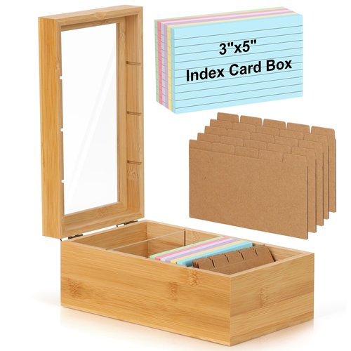 Bamboo Index Card Organizer - 3x5 Index Card Holder Box With Dividers - Wood Recipe Box With Lid - 4 Compartments For 1200 Cards - 5.9"W x 10"D x 4"H