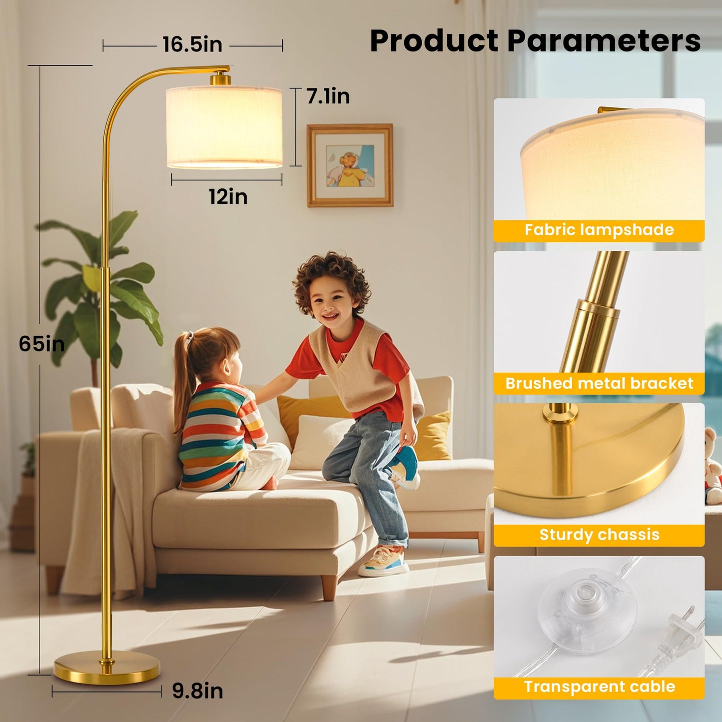 KQW Tall Floor Lamp for Living Room,65'' Modern Standing Lamps with 9W LED Bulb,Elegant Floor Light with Fabric Shade,Gold Tall Lamp for Bedroom Office Study Room Corner Dining Room